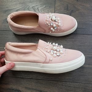 Target pink satin pearl slip on sneakers